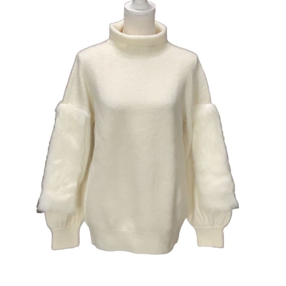NWT French Connection Cream Long Sleeve Turtle Neck Sweater Faux Fur Arms Sz Sm